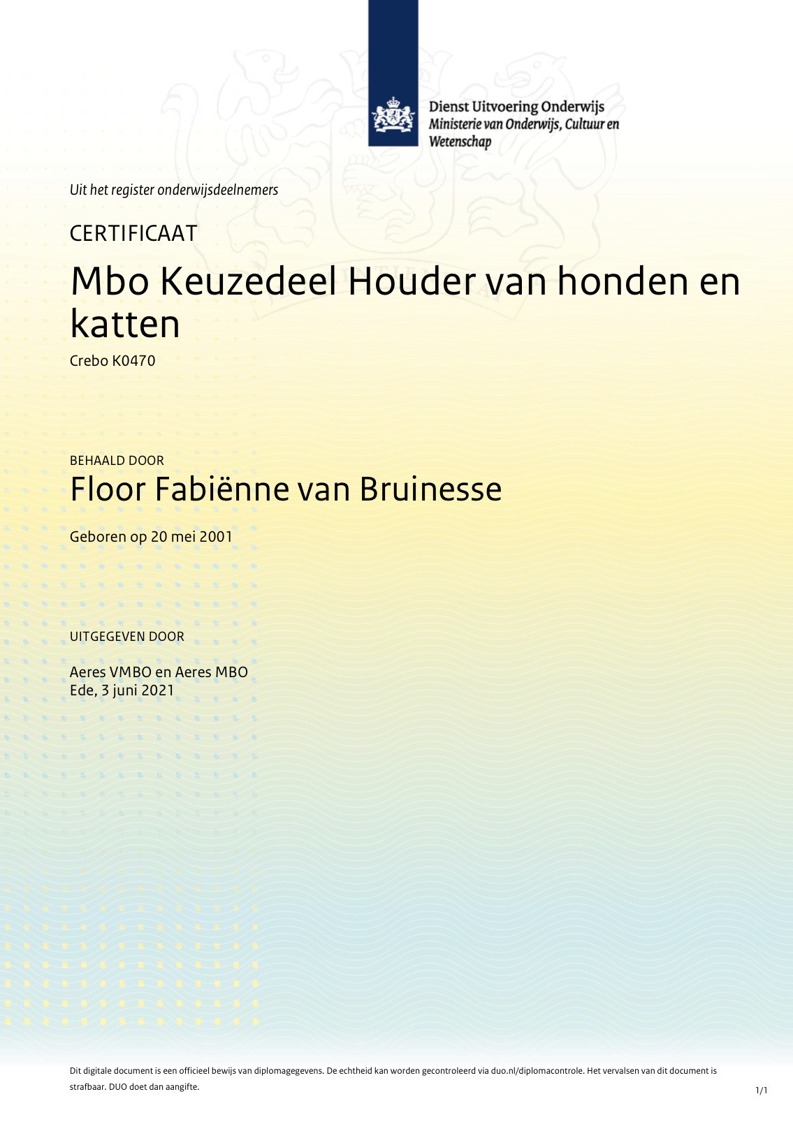 Certificaat Besluit houders van dieren